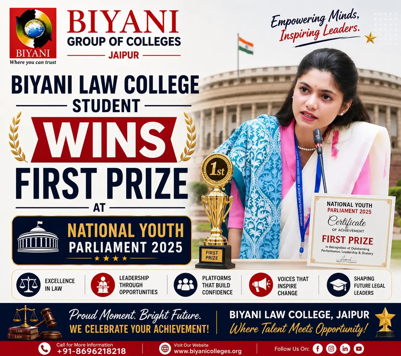 Biyani Law College Student Wins First Prize at National Youth Parliament 2025