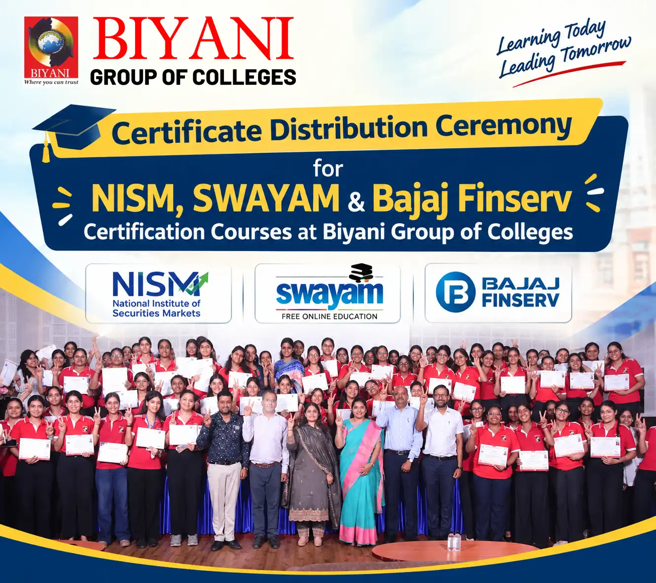 Certificate Distribution Ceremony for NISM, SWAYAM & Bajaj Finserv Certification Courses at Biyani Group of Colleges